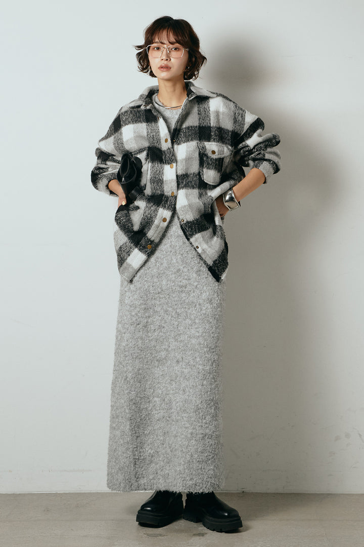 [SET]起毛チェック柄ポケットアウター+起毛ノースリーブニットロングワンピース(2set)
