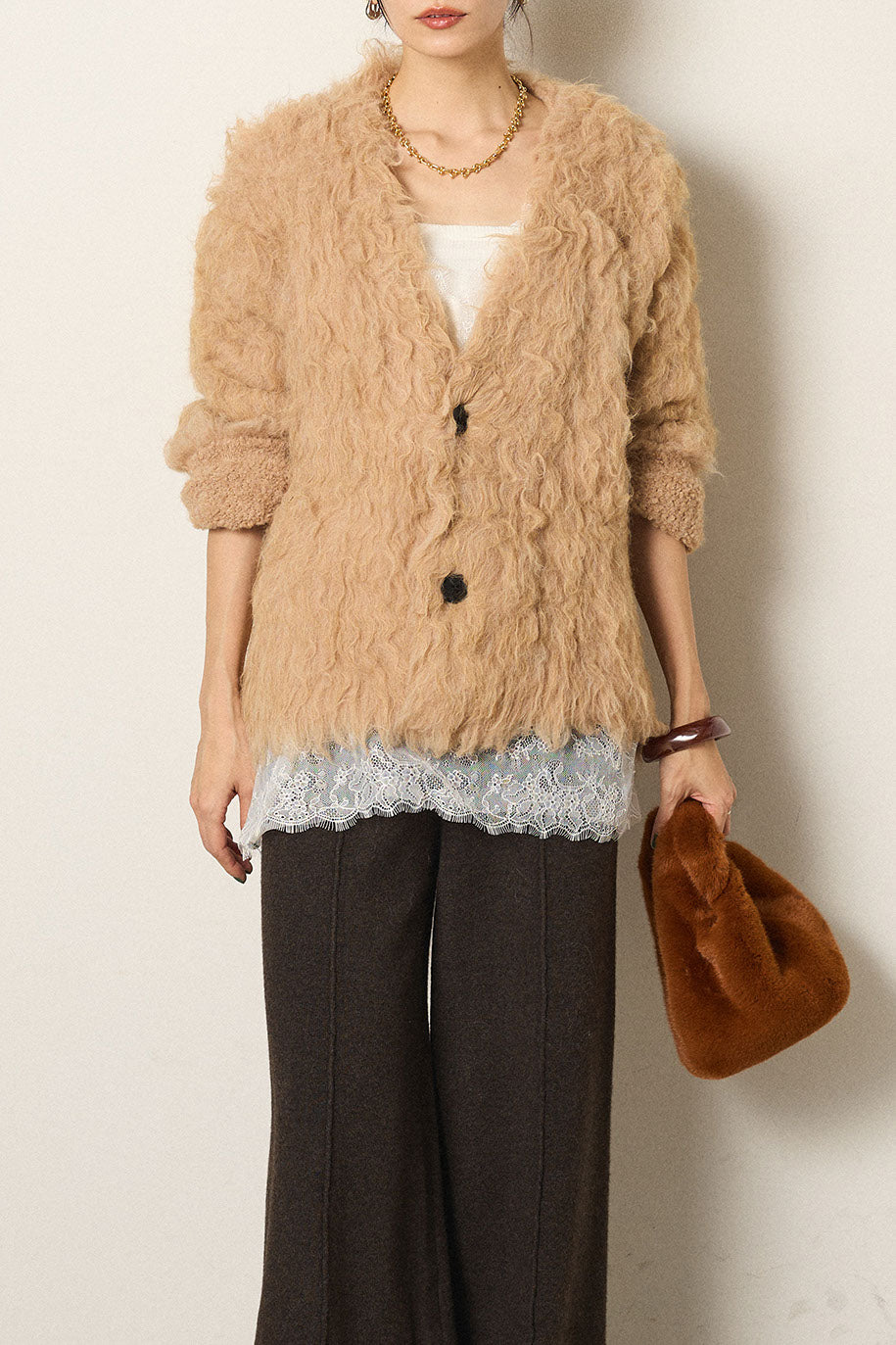 [SET]起毛シャギーニットカーディガン+レース切り替えキャミソール(2set)