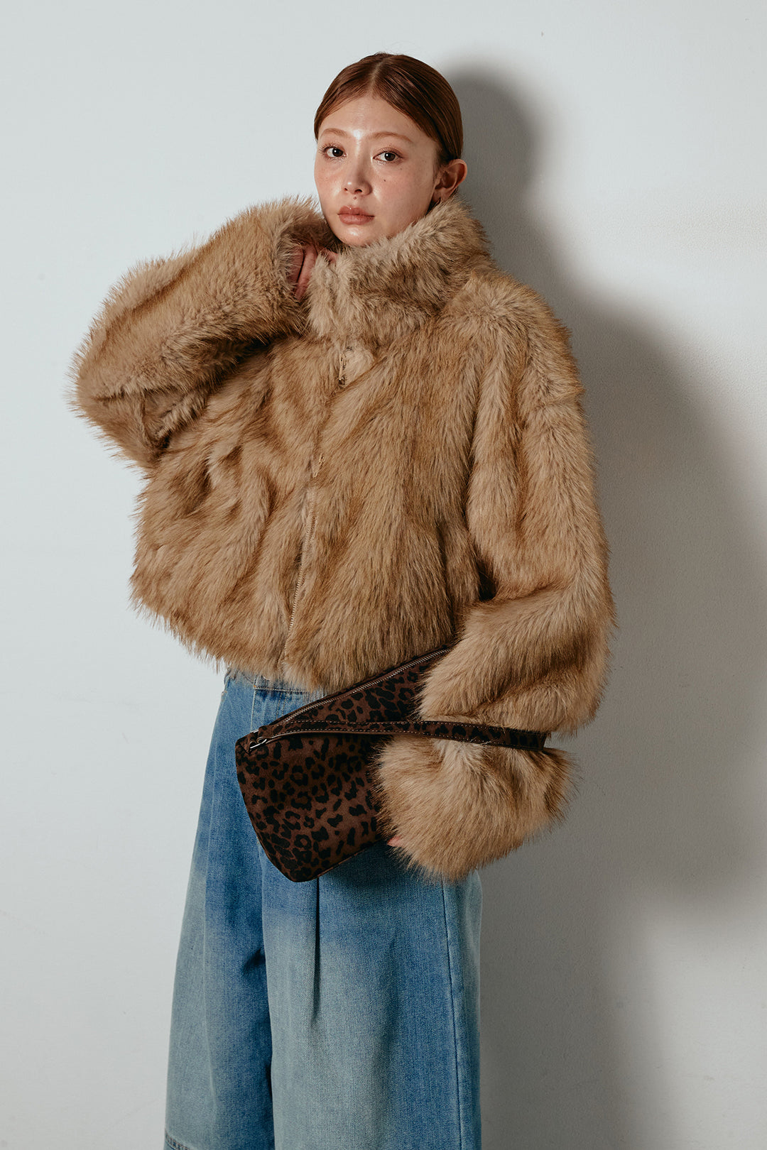 [SET]エコファーショート丈ブルゾン+加工デニムタックコクーンワイドパンツ(2set)