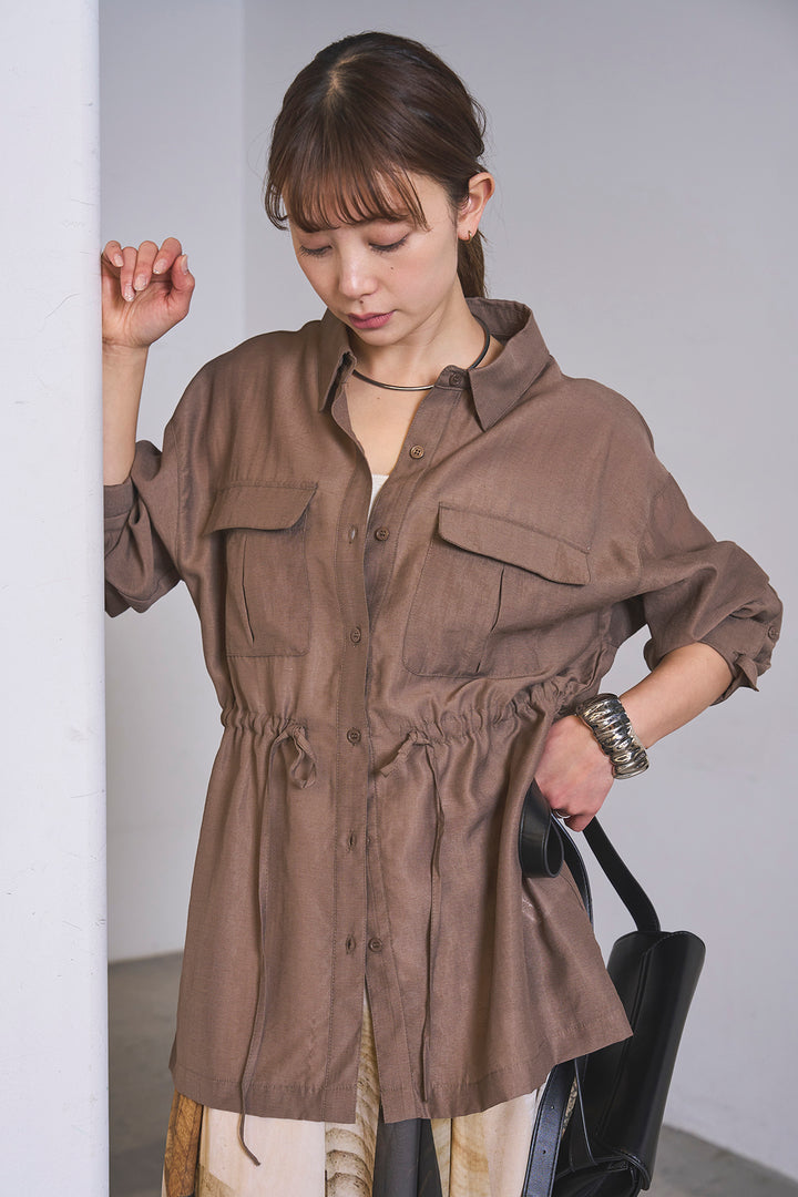 [SET]リネンブレンドシアーサファリシャツ+アートペイント柄スカート(2set)