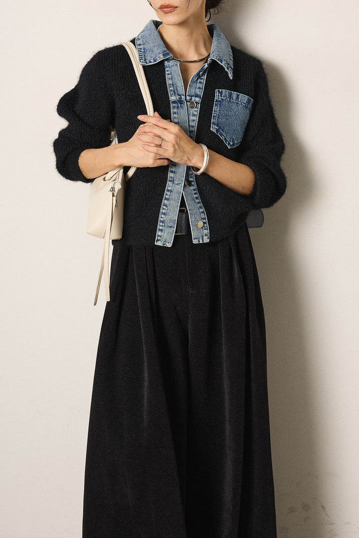 [SET]襟付きデニム切替ニットカーディガン+ベルトループコーデュロイワイドパンツ(2set)