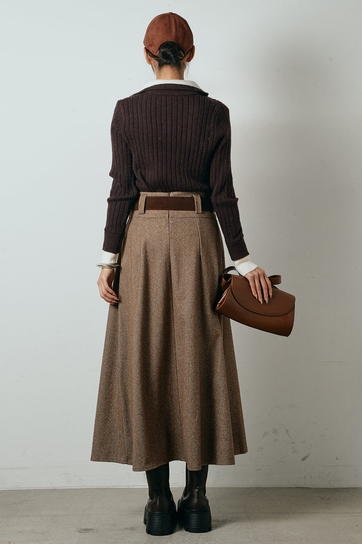 [SET]レイヤード風リブニットトップス+太ベルト付きヘリンボーンプリーツスカート(2set)