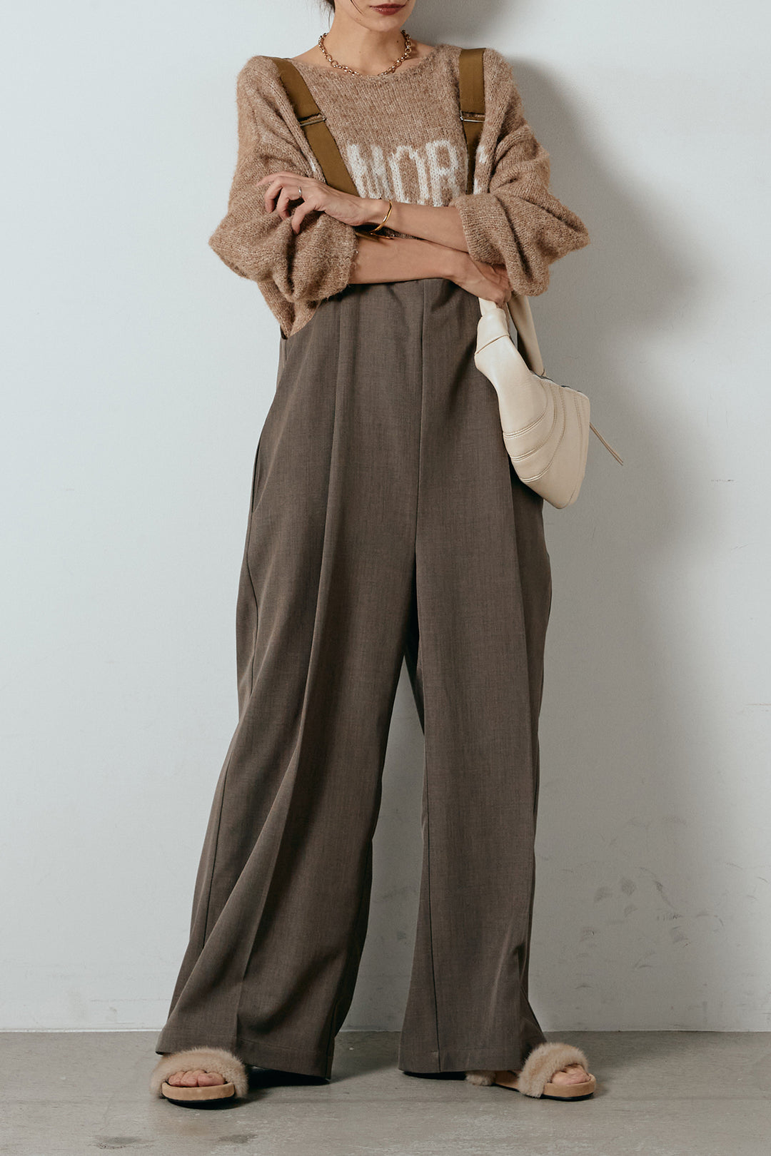 [SET]フロントロゴデザインニットトップス+ワイドツイルサロペット(2set)