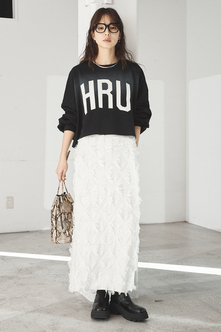 [SET]ビッグロゴHRU袖ボリュームトップス+カットフリンジニットタイトスカート(2set)