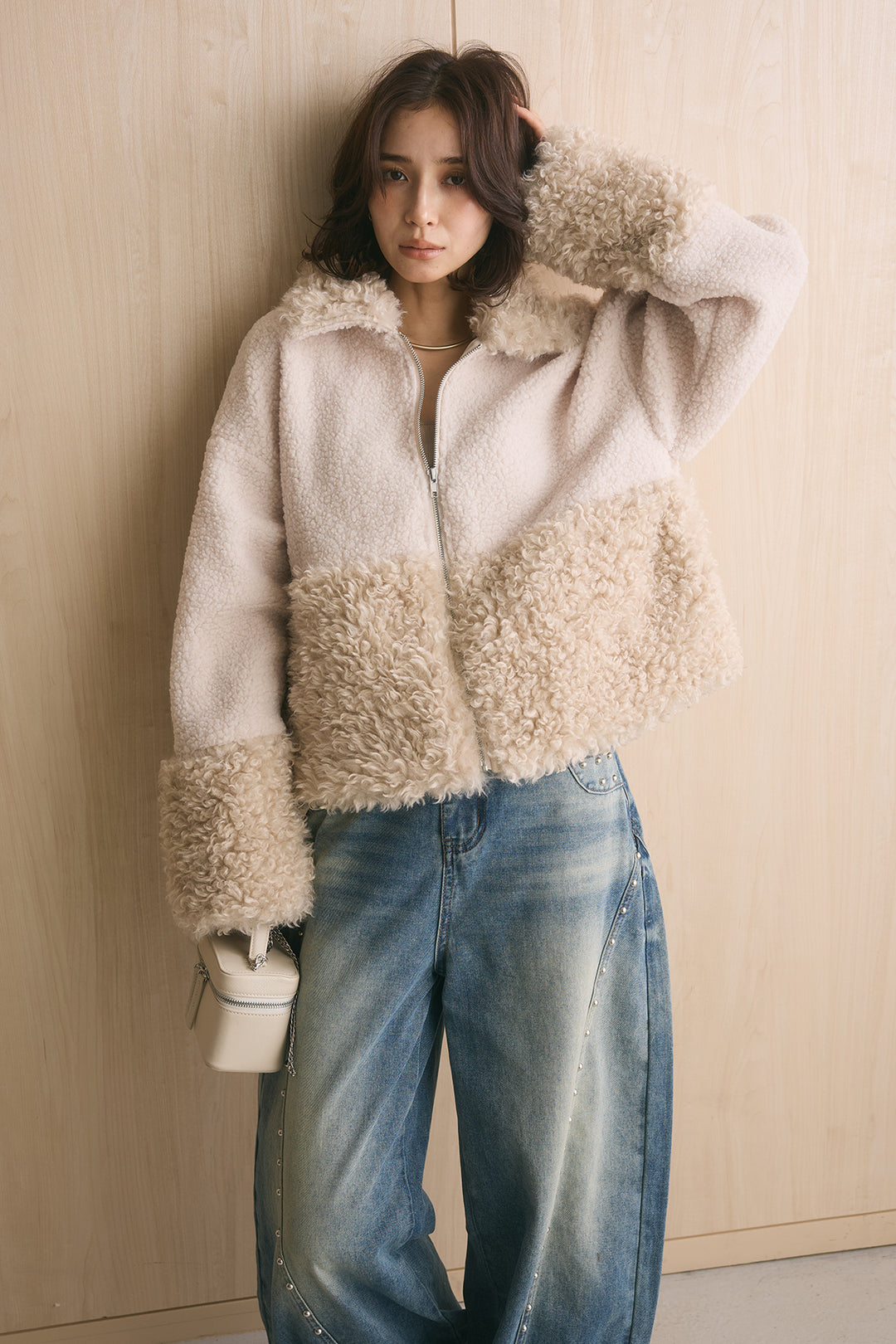 [SET]ボア×プードルファーパッチワークブルゾン+スタッズデザインカーブデニムワイドパンツ(2set)
