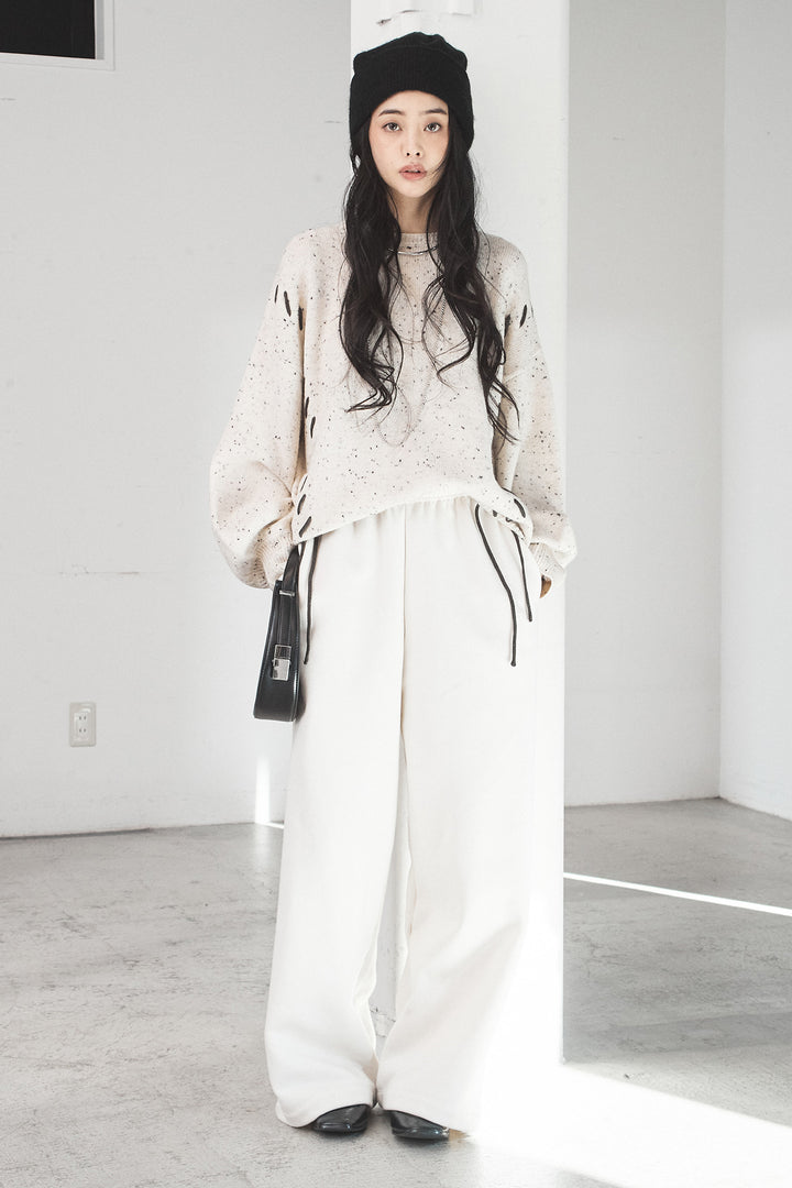 [SET]ネップ編み上げニットトップス+裏起毛スウェットワイドパンツ(2set)