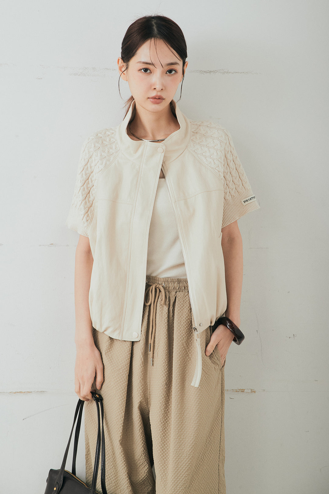 [SET]ニット切替レザーライクベスト+シアサッカーイージーパンツ(2set)