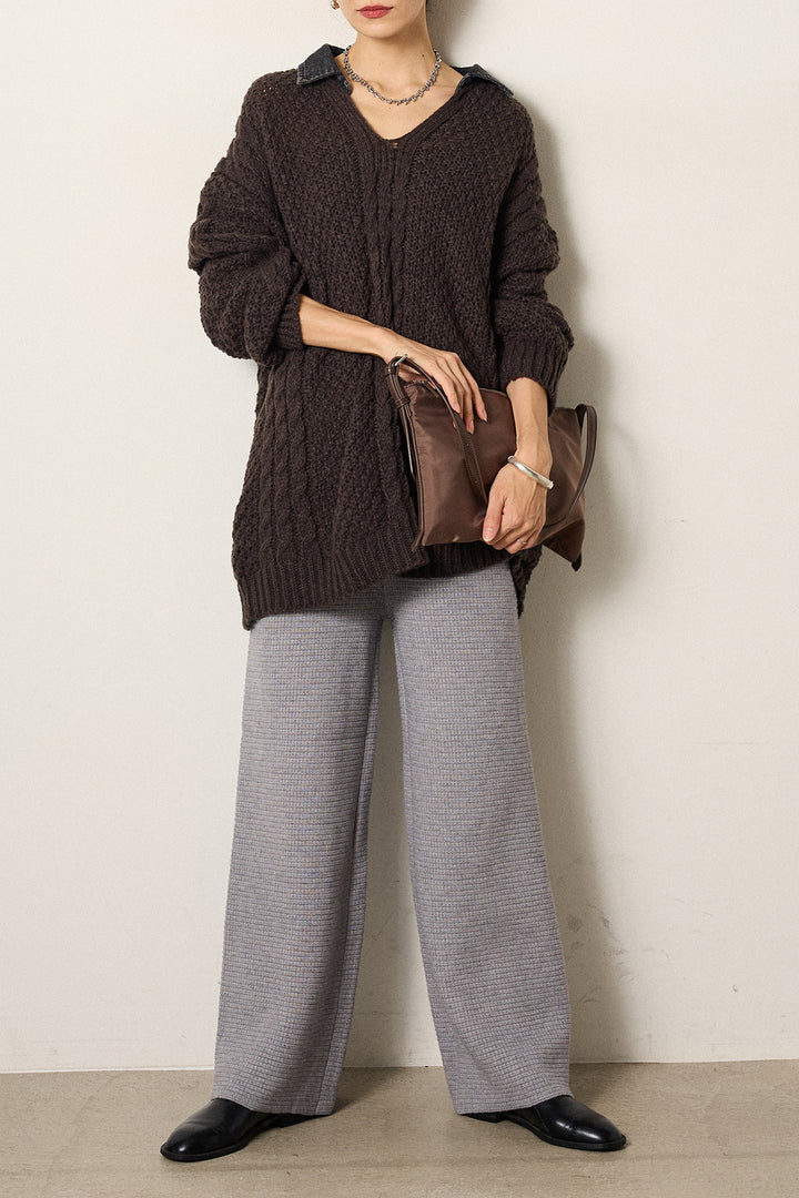 [SET]デニムカラーケーブルオーバーニット+ワイドリブニットイージーパンツ(2set)