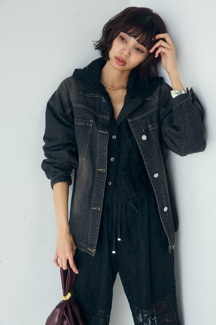 [SET]パッチワークレースショート丈フードシャツ+パッチワークレースイージーパンツ(2set)