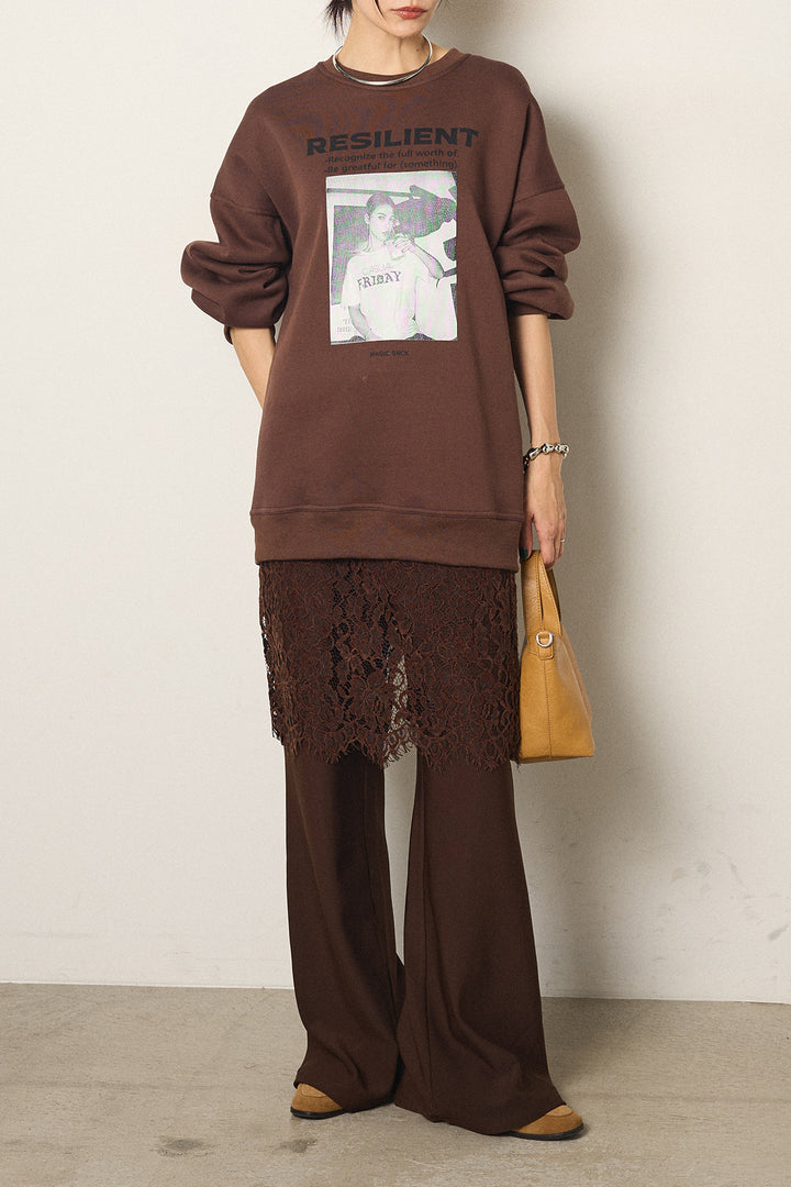 [SET]モノトーンプリントスウェット+レース刺繍レイヤードフレアパンツ(2set)