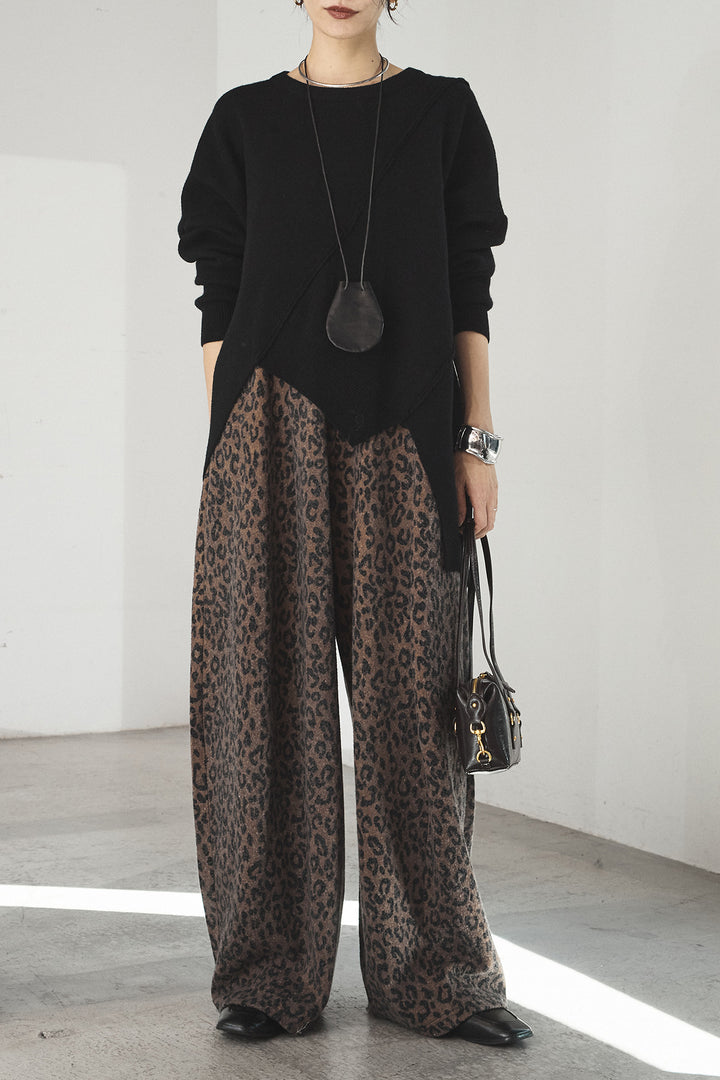 [SET]アシンメトリーデザインニットトップス+リラックスレオパード柄ワイドパンツ(2set)