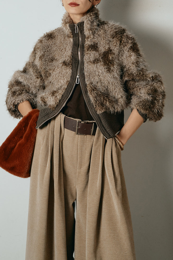 [SET]エコファースタンドカラーニュアンス柄ブルゾン+ベルトループコーデュロイワイドパンツ(2set)