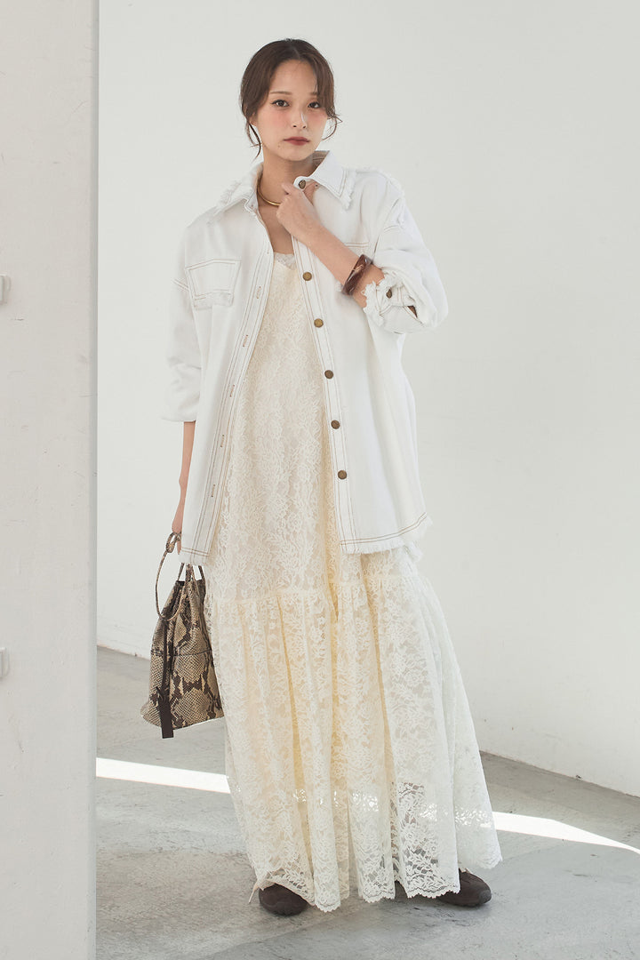 [SET]フリンジデニムジャケット+レース刺繍フレアキャミワンピース(2set)