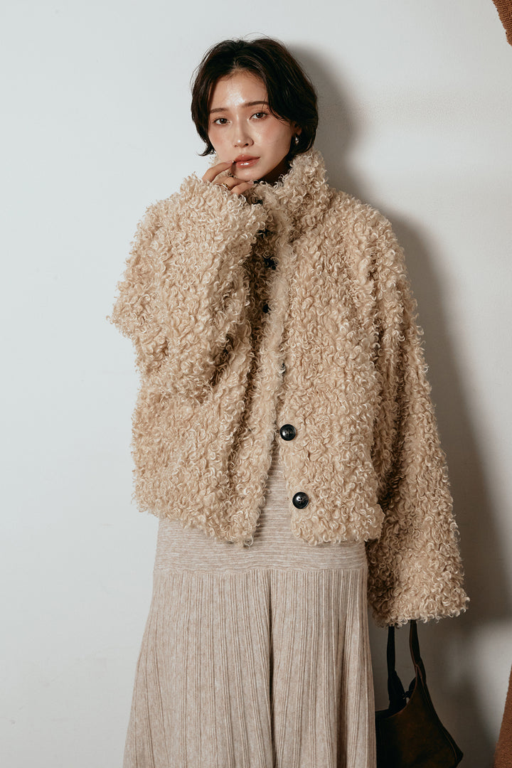 [SET]プードルファーミドルジャケット+編み地切り替えフレアニットスカート(2set)