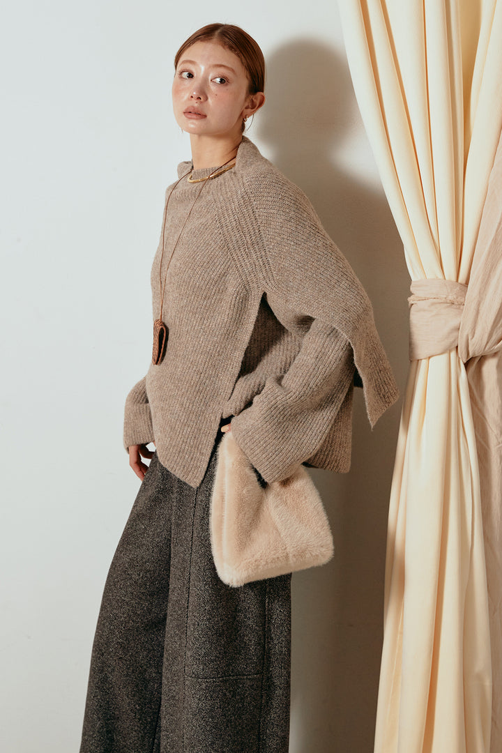 [SET]ケープデザインリブニットトップス+太ベルト付きツイードワイドパンツ(2set)