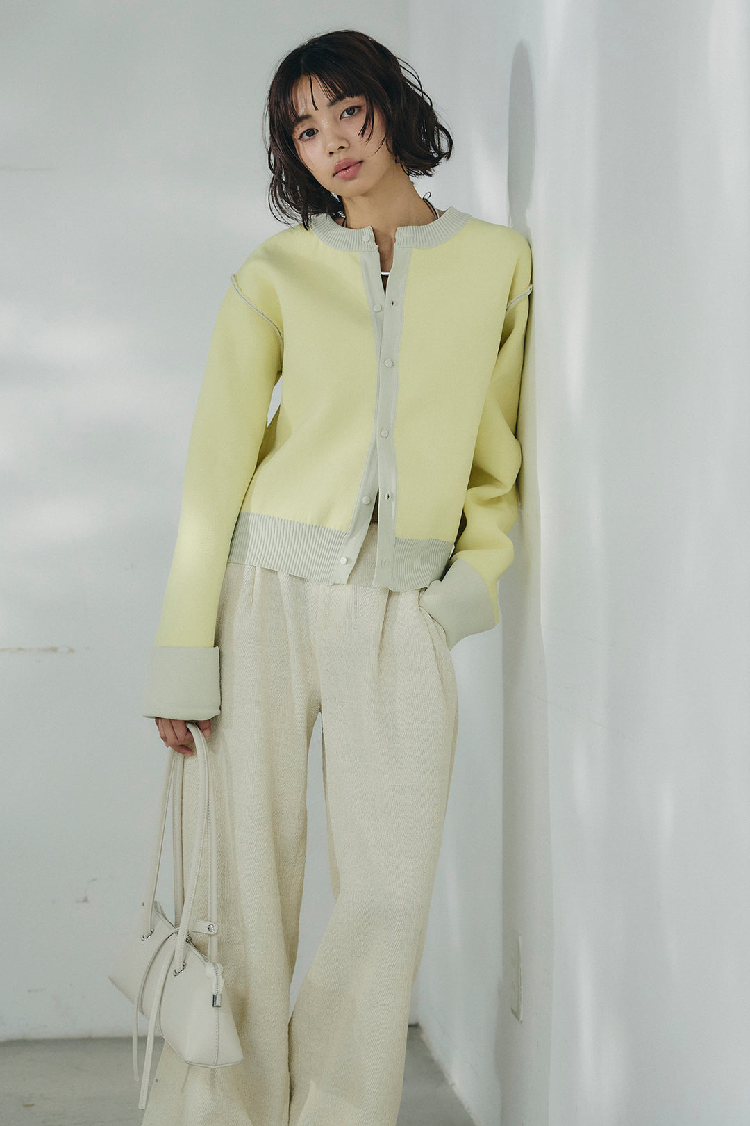 [SET]リバーシブル配色ニットカーディガン+デニムライクヘリンボーンタックパンツ(2set)