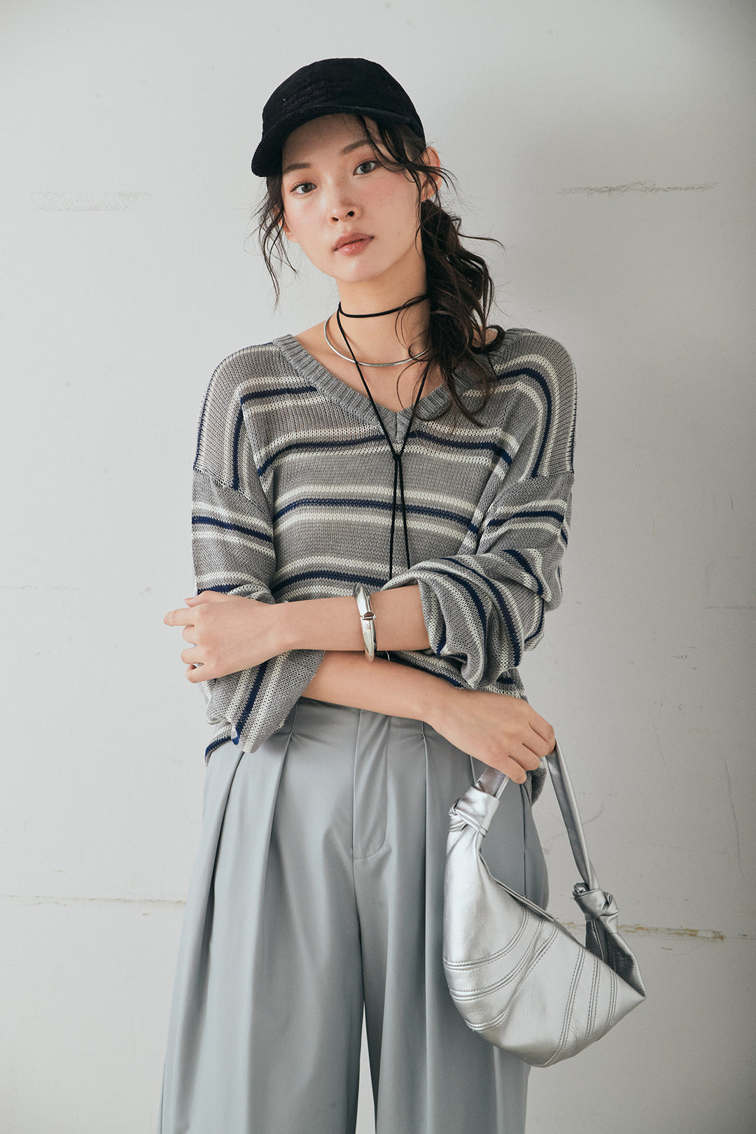 [SET]綿タッチVネックボーダートップス+ウォッシャブルエコレザータックパンツ(2set)