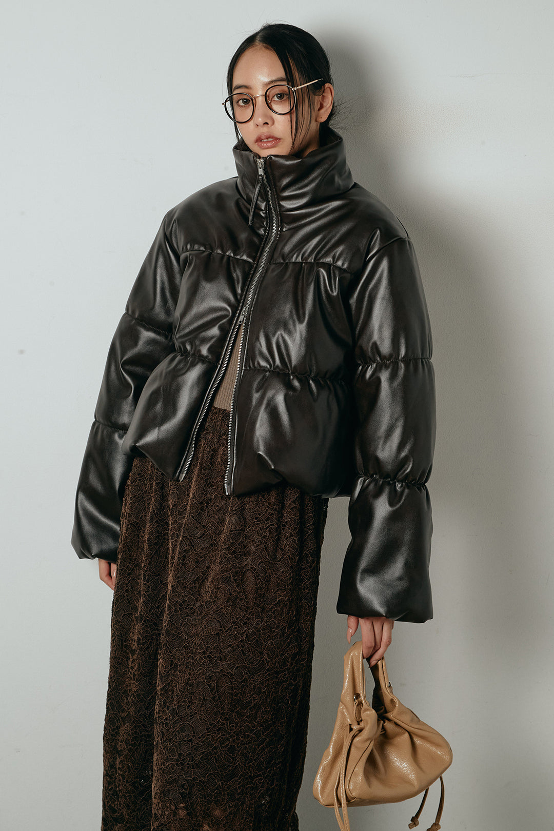 レザーライクWジップスタンドカラー中綿ブルゾン