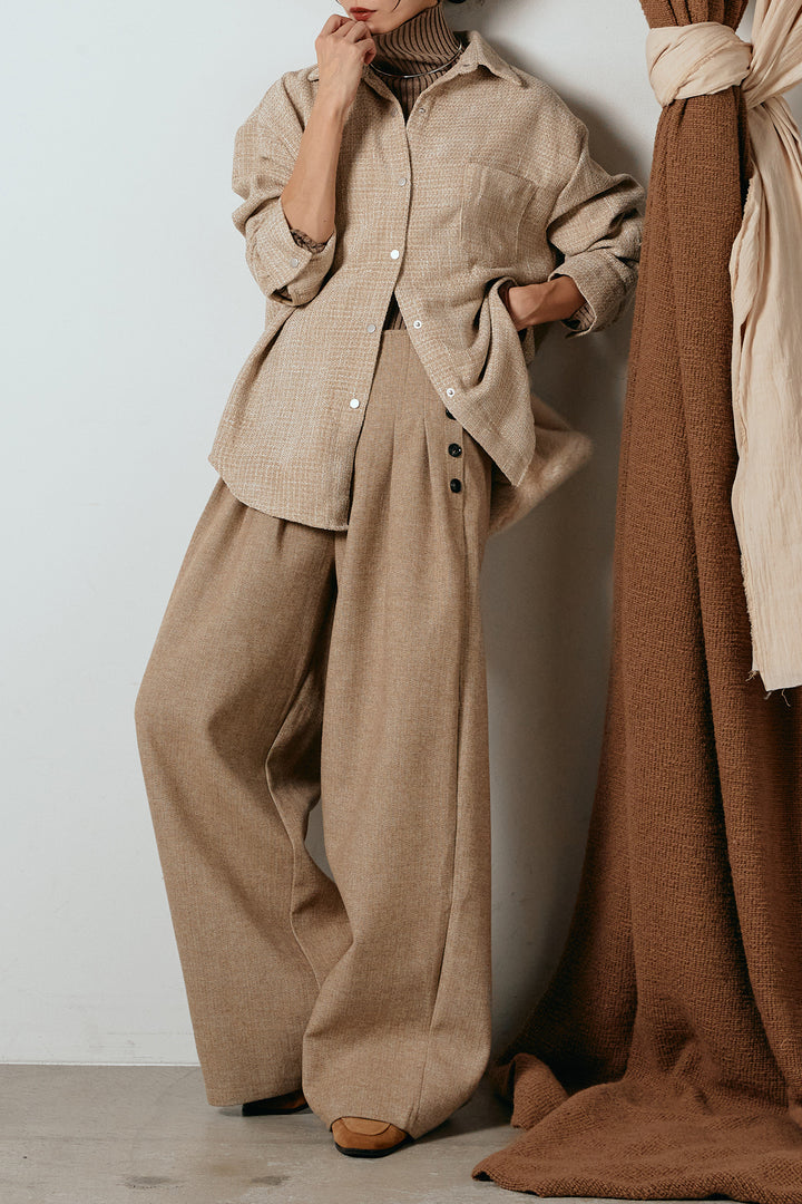 [SET]ルーズクラッシュツイルシャツ+サイドボタンツイードタックパンツ(2set)
