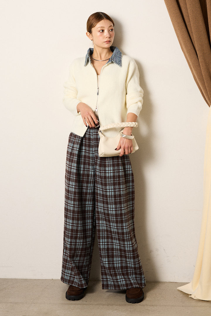 [SET]デニム襟ダブルジップニットトップス+スタッズデザインベルトタータンチェックパンツ(2set)