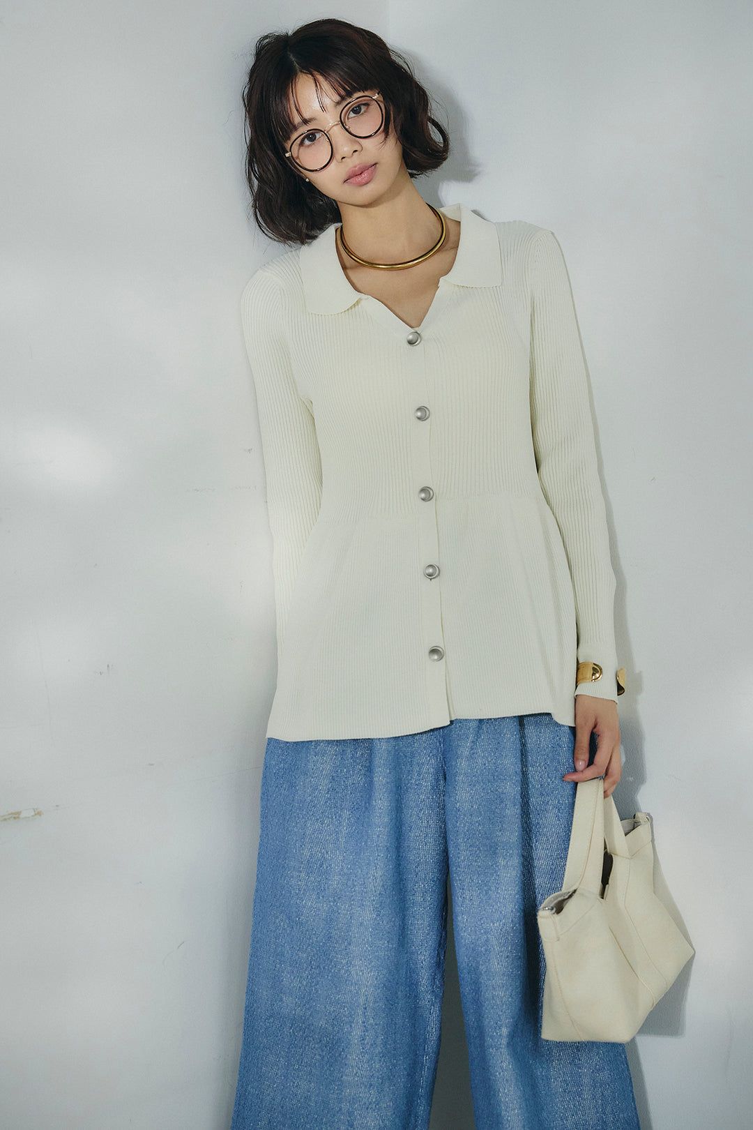 [SET]スキッパーペプラムニット+デニムライクヘリンボーンタックパンツ(2set)