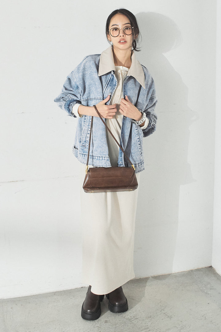 [SET]加工デニムレザー襟付きデニムブルゾン+カットリブレイヤードヘンリーネックワンピース(2set)