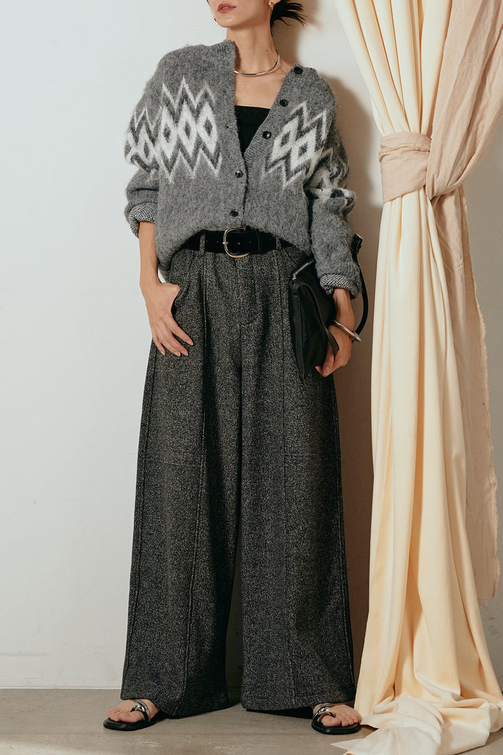 [SET]起毛ノルディック柄ニットカーディガン+太ベルト付きツイードワイドパンツ(2set)