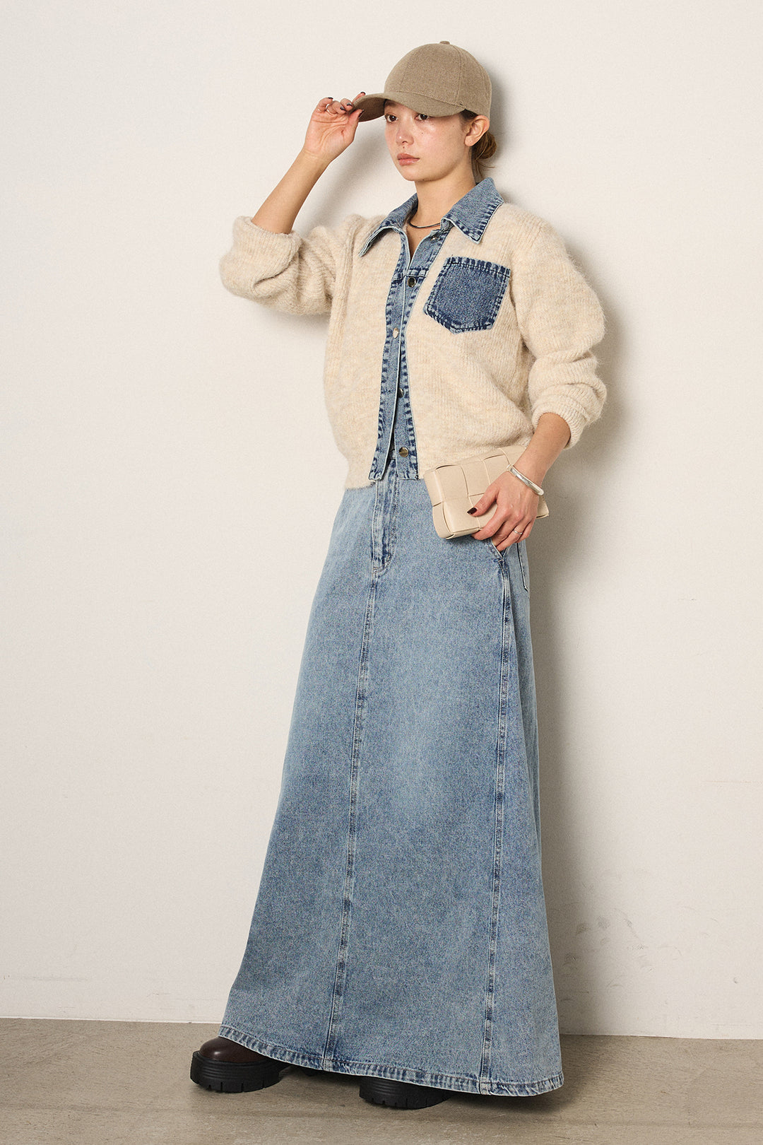 [SET]襟付きデニム切替ニットカーディガン+デニムロングフレアスカート(2set)