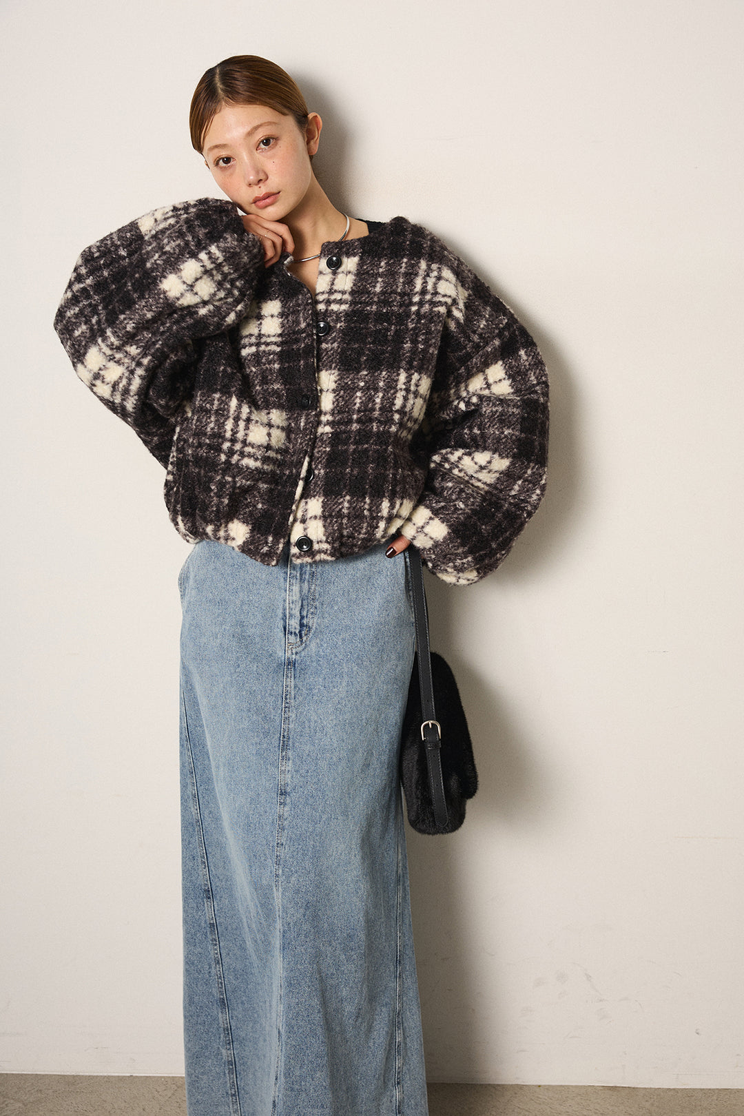 [SET]ノーカラーチェック柄ボアブルゾン+デニムロングフレアスカート(2set)