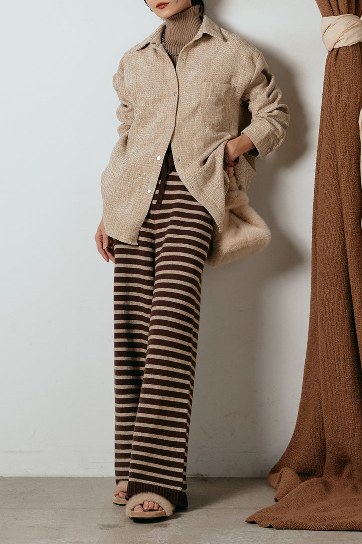 [SET]ルーズクラッシュツイルシャツ+リブニットシームレスタートルプルオーバー+ボーダーリラックスニットパンツ(3set)