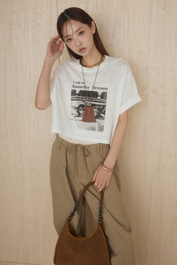 [SET]グラフィックサムデイワイドクロップドT+ニーサイドタックウエストドロストパンツ(2set)