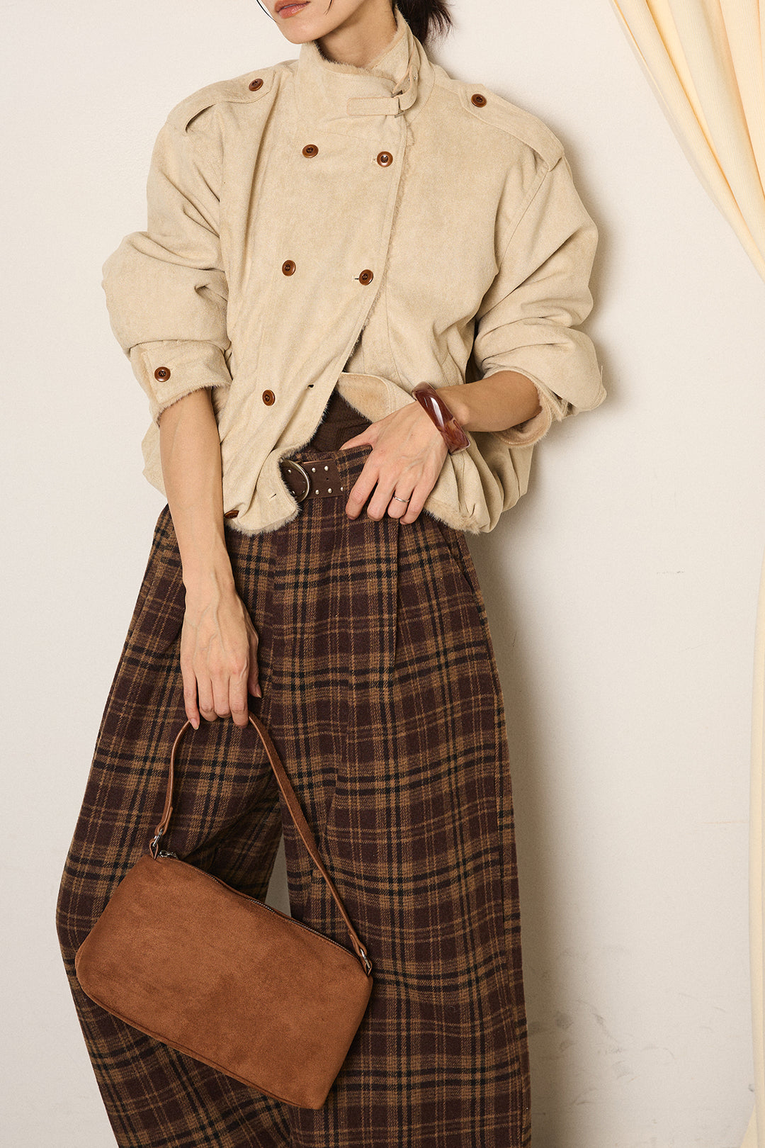 [SET]スタンド襟スウェードライクアウター+スタッズデザインベルトタータンチェックパンツ(2set)