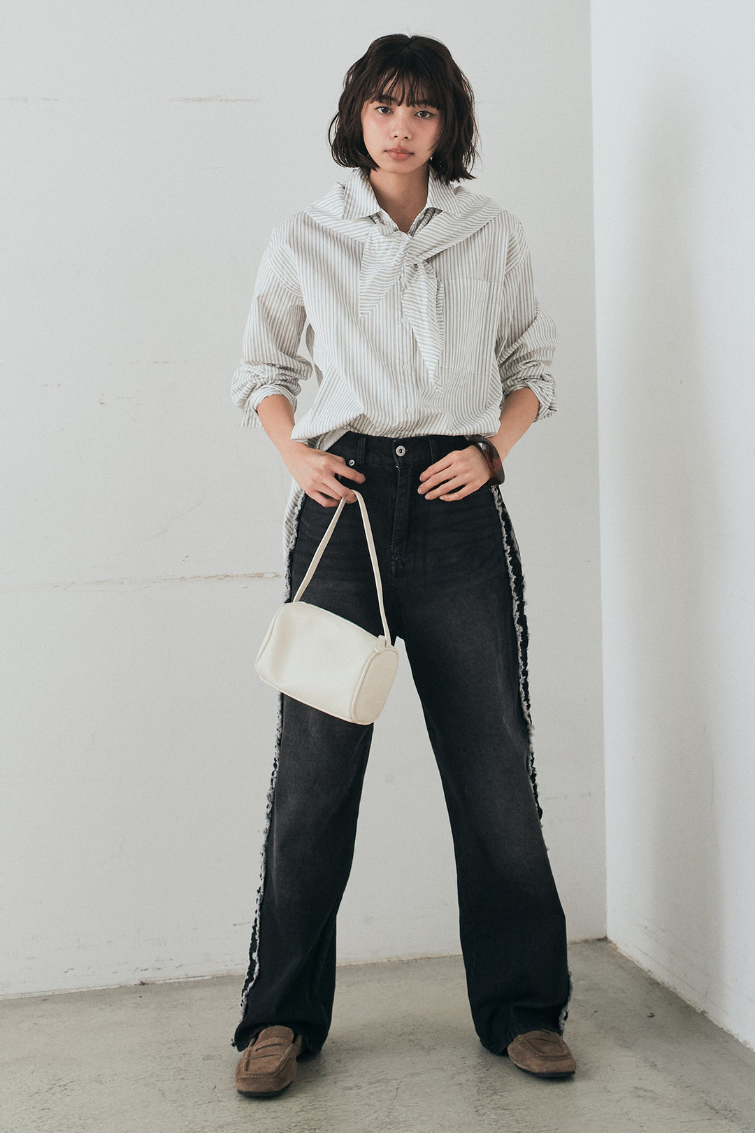 [SET]ランダムストライプスカーフ付きシャツ+デニムサイドフリルパンツ(2set)