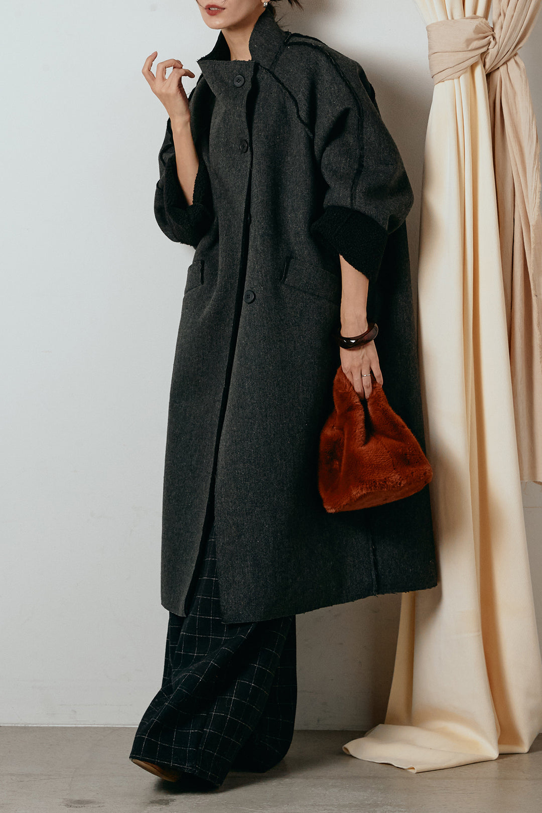 [SET]裏地ボアハイネックロングアウター+ウールライクチェックタックパンツ(2set)