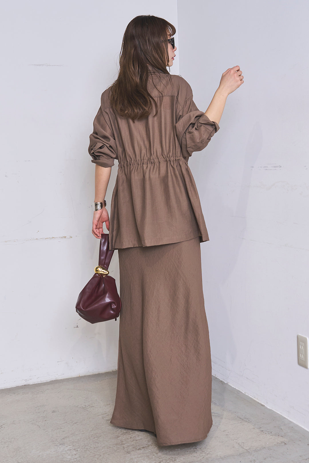 [SET]リネンブレンドシアーサファリシャツ+リネンブレンドロングナロースカート(2set)