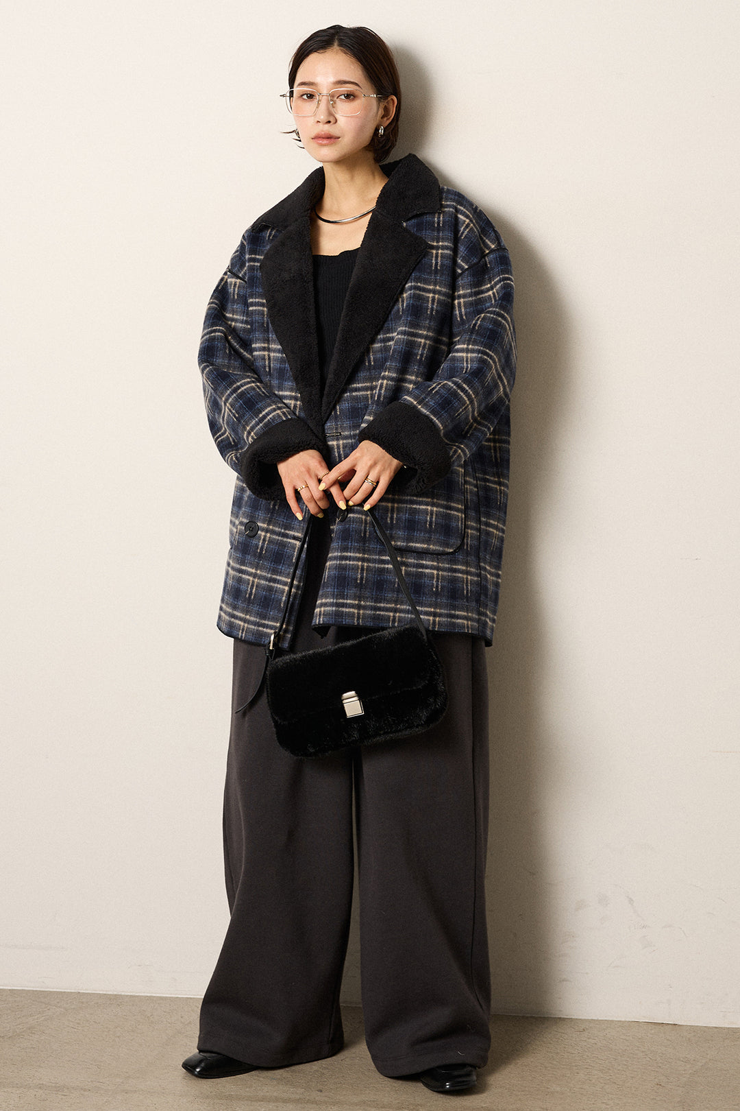 [SET]裏地ボアタータンチェック柄ミディアムコート+裏起毛スウェットワイドパンツ(2set)