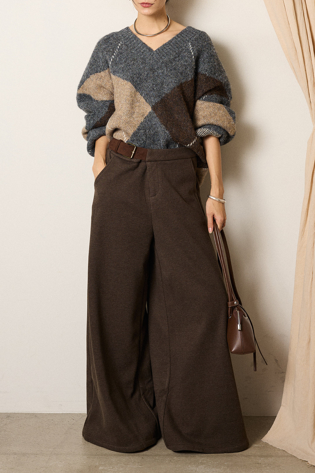 [SET]ルーズアーガイルVネックニット+サイドベルトパンツ(2set)