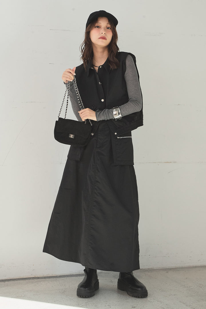 [SET]襟付きナイロンベスト+サイドデザインナイロンスカート(2set)