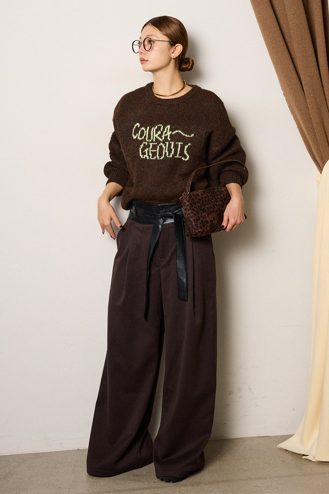 [SET]ロゴシャギーニットプルオーバー+巻ベルトウエストレザーライクワイドパンツ(2set)