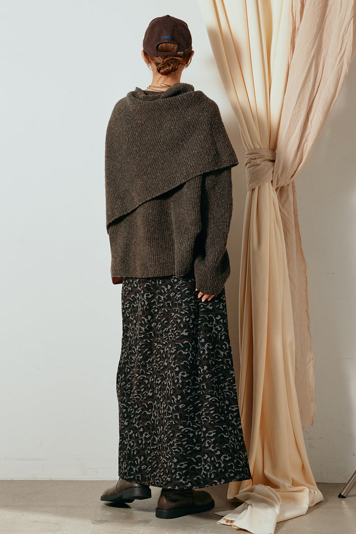 [SET]ケープデザインリブニットトップス+レオパードロングスカート(2set)