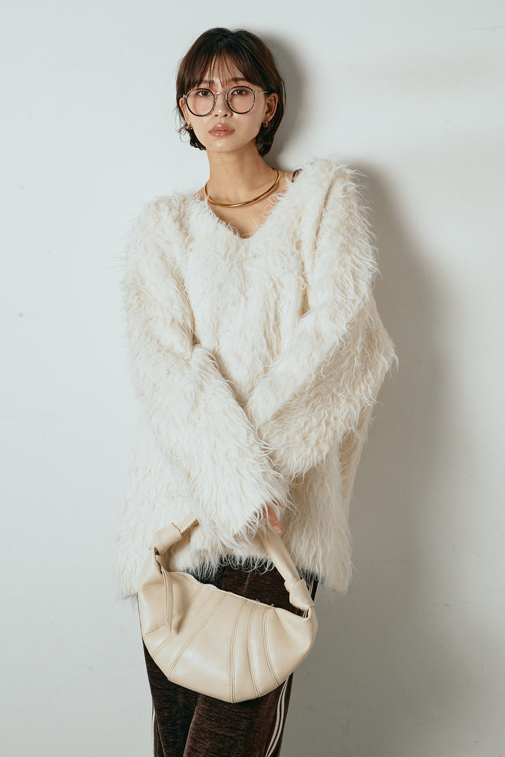 [SET]深Vネックシャギーニットトップス+リラックスサイドラインベロアワイドパンツ(2set)