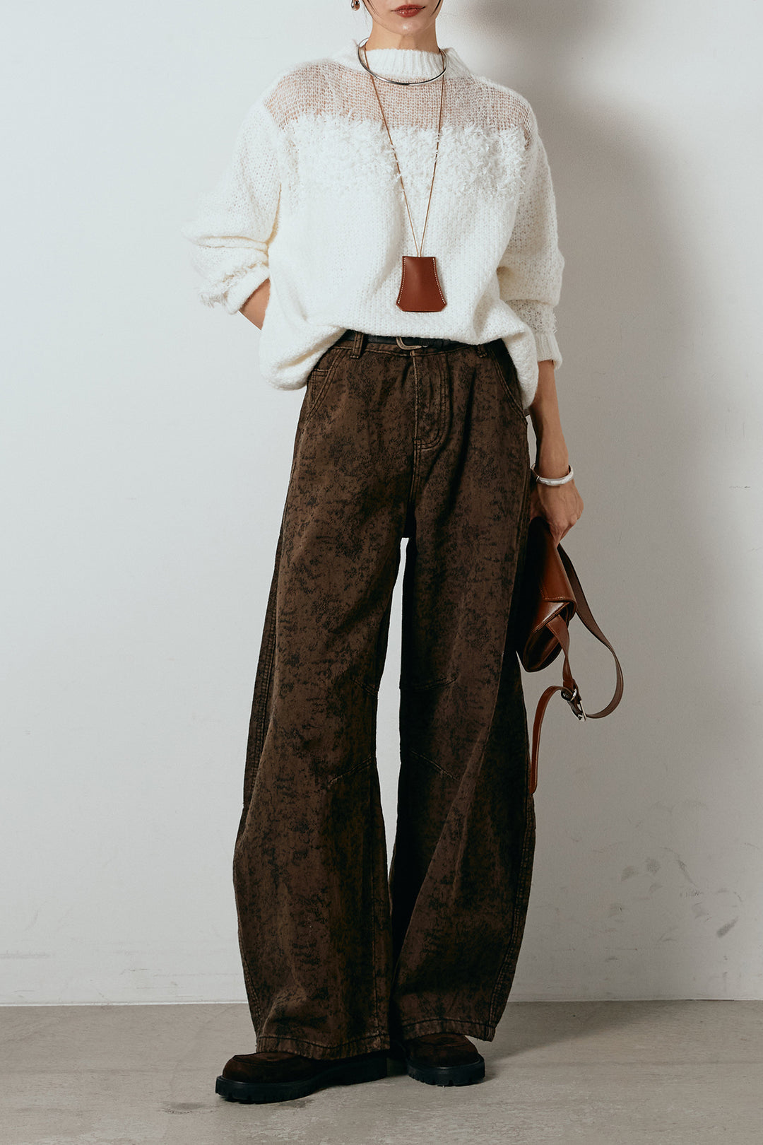 [SET]パターンランダム編みニットトップス+ベルト付きニュアンス柄カーブワイドパンツ(2set)