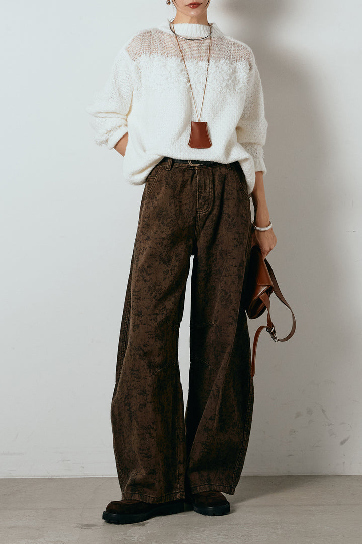 [SET]パターンランダム編みニットトップス+ベルト付きニュアンス柄カーブワイドパンツ(2set)