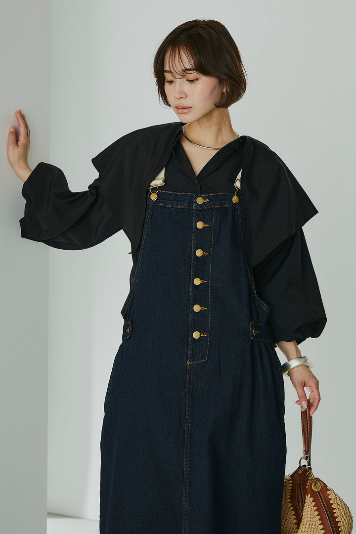 [SET]ケープカラーナイロンブラウス+配色ショルダーデニムサロペットスカート(2set)