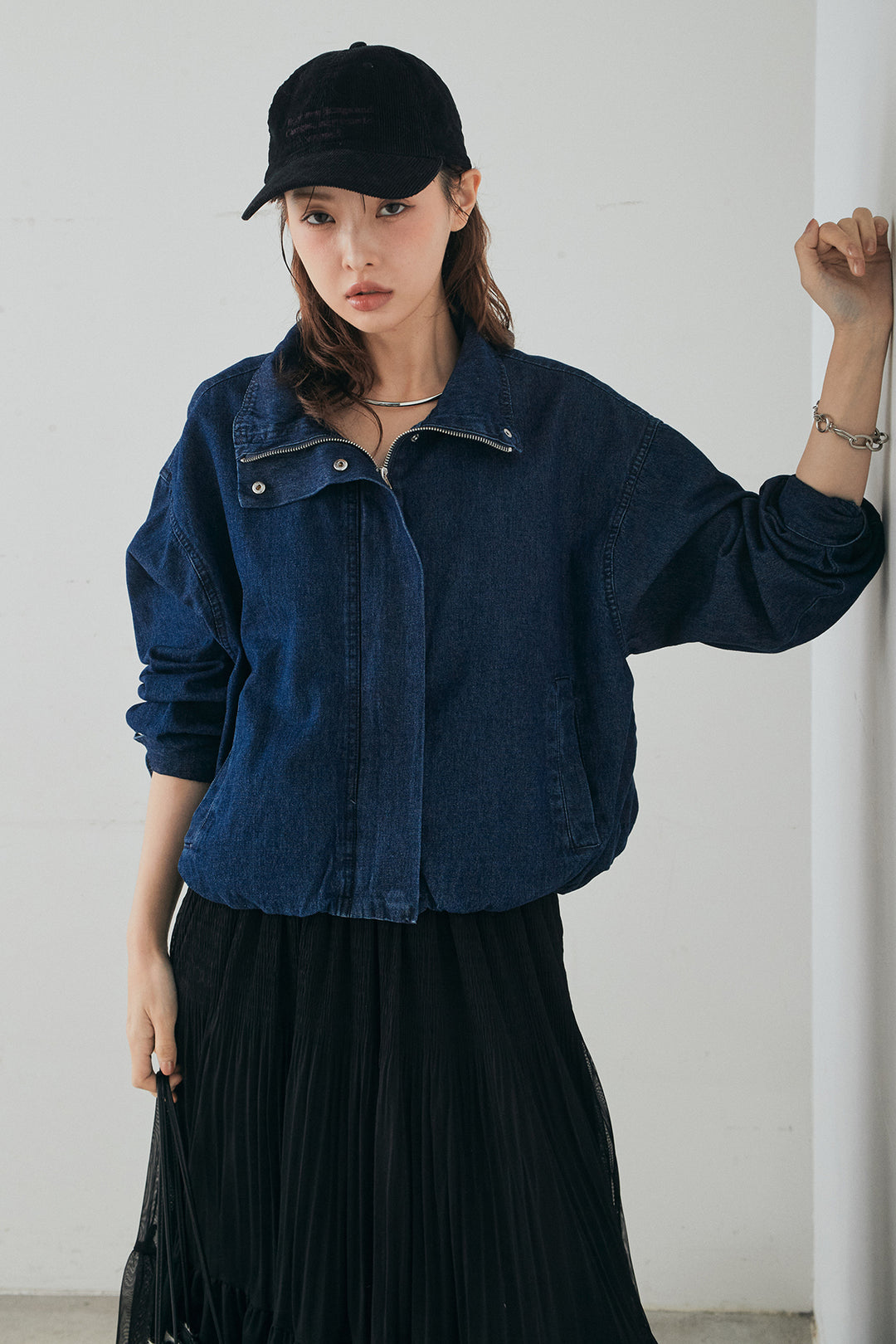 [SET]スタンドカラーデニムブルゾンジャケット+ボリュームシルエットチュールスカート(2set)