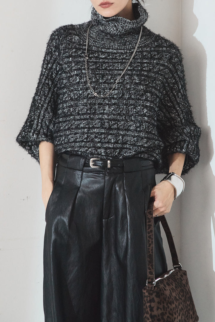 [SET]ミックス編みドルマンニットトップス+ベルト付きレザーライクタックパンツ(2set)