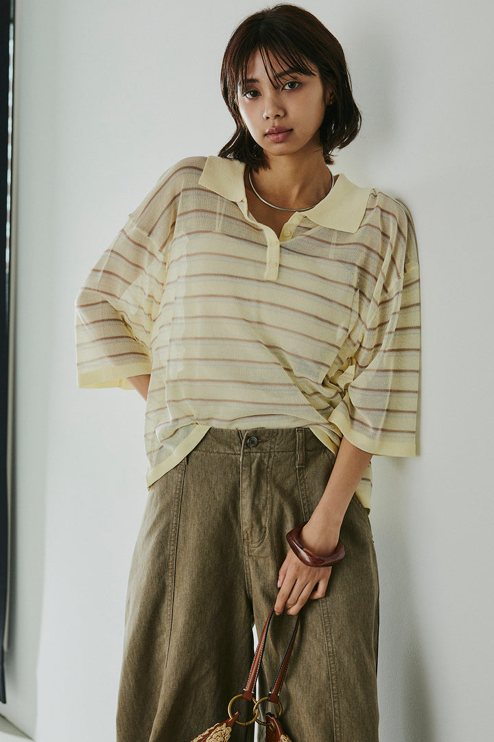 [SET]ボーダーニットポロシャツ+サイドベルトカーブワイドパンツ(2set)