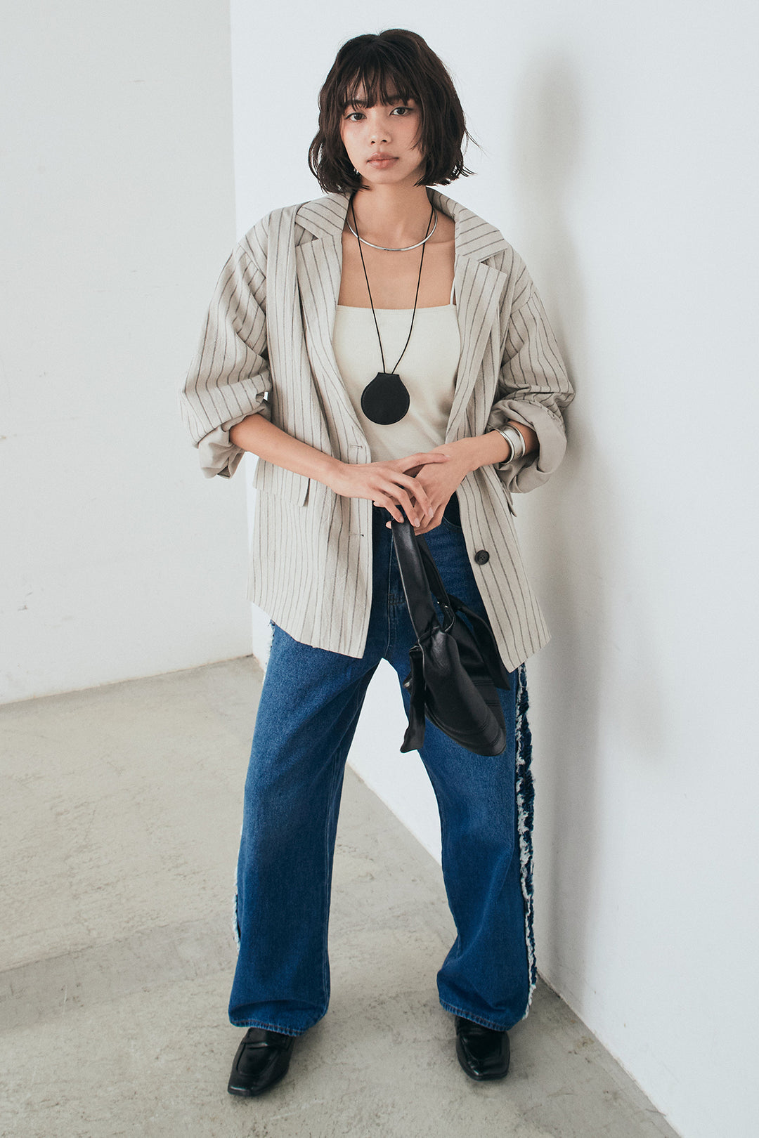 [SET]リネンライクストライプテーラードジャケット+デニムサイドフリルパンツ(2set)