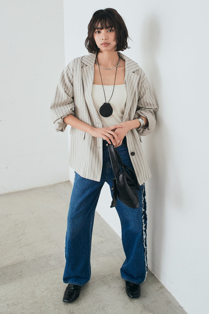 [SET]リネンライクストライプテーラードジャケット+デニムサイドフリルパンツ(2set)