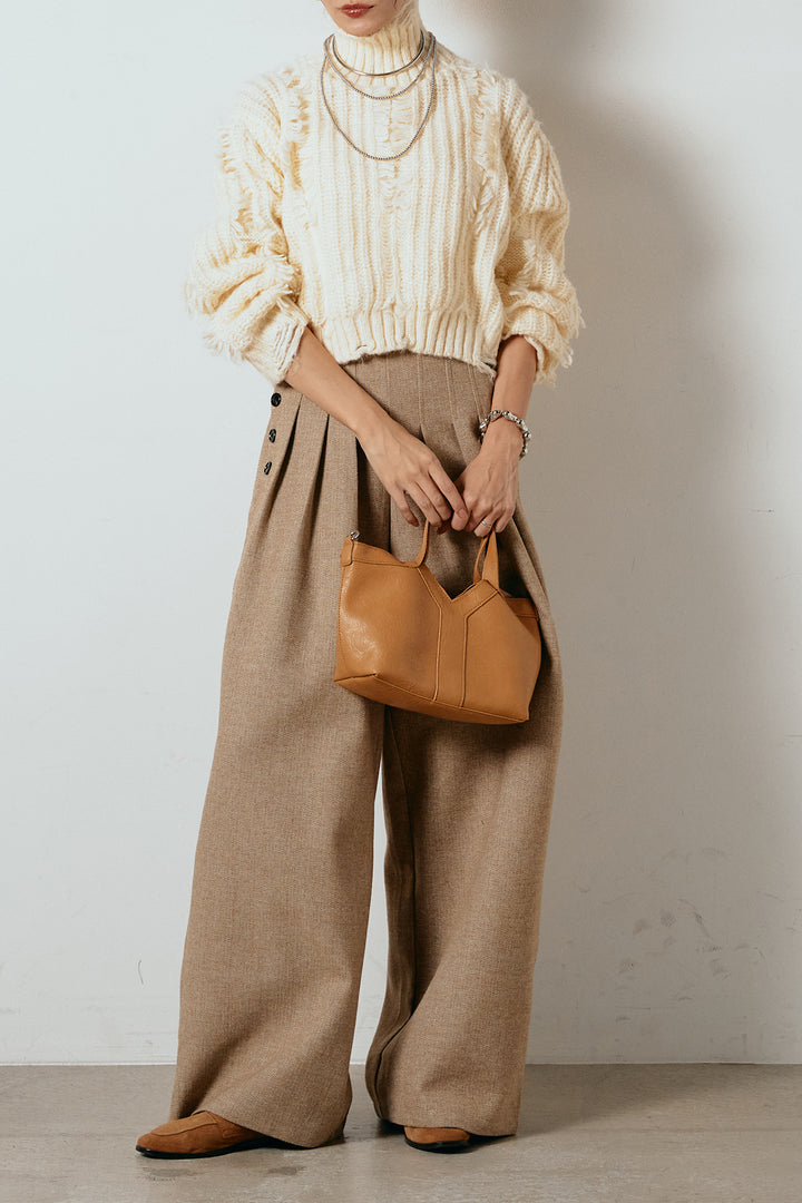 [SET]フリンジタートルショートニット+サイドボタンツイードタックパンツ(2set)